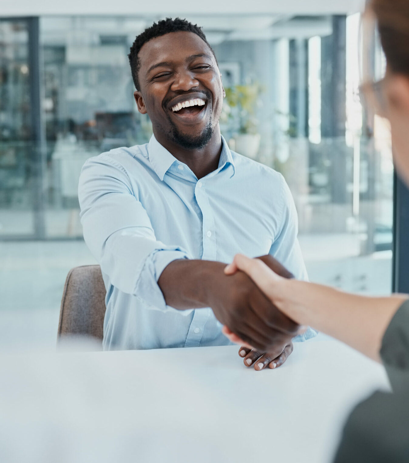 Handshake, interview and business people for diversity partnership, contract deal or b2b welcome meeting, Collaboration, agreement and recruitment black man shaking hands for career or job onboarding.